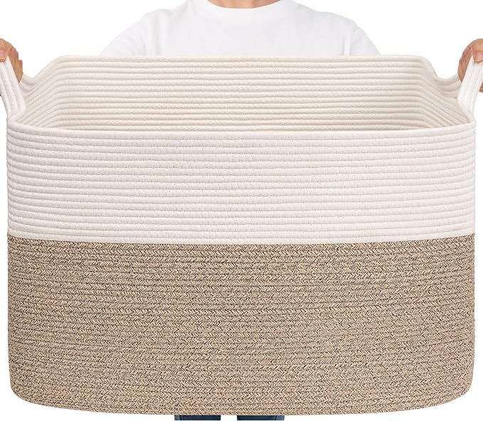 Goodpick Large Woven Blanket Basket 105L, 25"x16"x16" Cotton Rope Organizer for Toys, Dirty Clothes, Extra Large Rectangle Storage Basket for Living Room, Bedroom, White & Brown