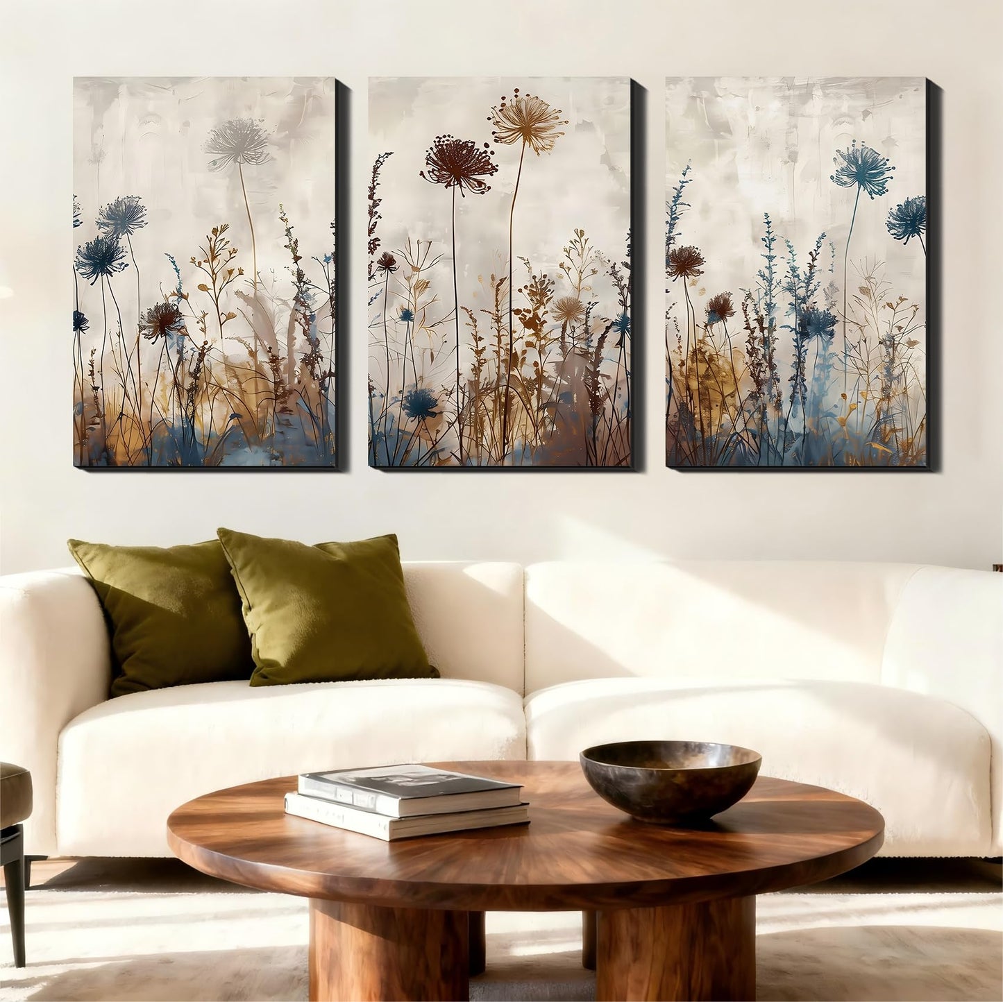Framed Triptych Floral Canvas Prints Pictures for Bathroom Entryway, Abstract Neutral Wildflower Poster Wall Art, Minimalist Wall Decor, Made in USA for Office Living Room