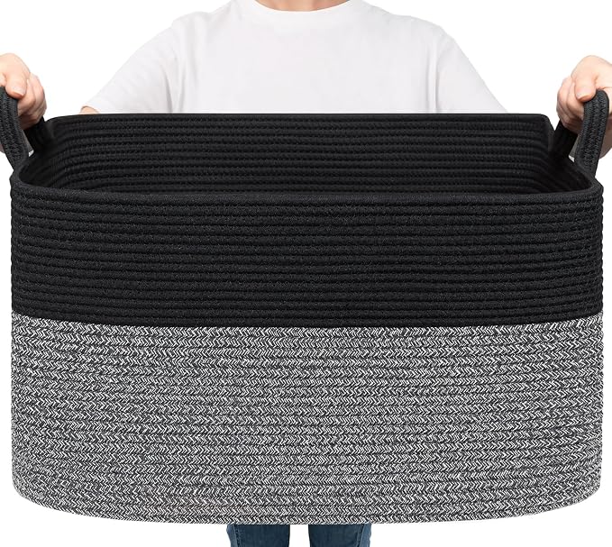 Goodpick Large Woven Blanket Basket 21.6" x 14.9" x 11.8" Storage Baskets for Organizing, Rectangle Baby Toy Bins for Kids Organizer Living Room Bedroom, Black & Gray