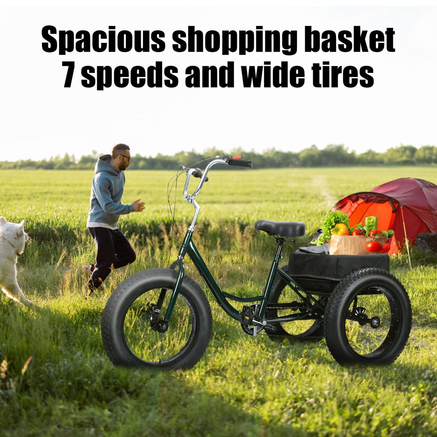 20 Inch Fat Tire Adult Tricycle, 7-Speed Heavy-Duty, 450lb Capacity,Large Cargo Basket, Dual Disc Brakes, Comfort Seat for Seniors,3 Wheel Bike with Spacious Shopping Basket Black 172cm/67.72", W: 85