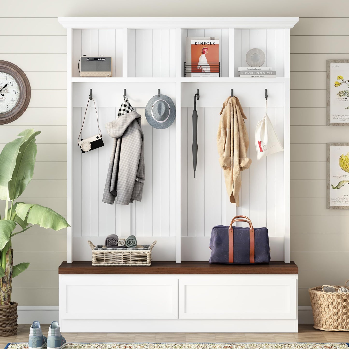 Ball & Cast Farmhouse 4-in-1 Hall Tree with Bench, Versatile Coat Rack with 2 Storage Drawers & Hanging Hoooks, Entryway Organizer Shoe Cabinet with Open Shelves for Living Room, White