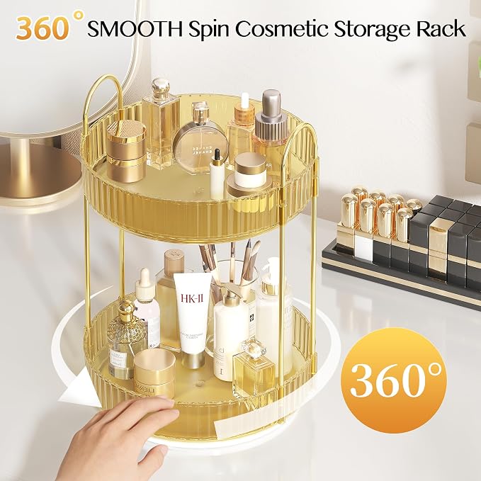 Rotating Makeup Organizer Countertop,Skincare Organizers,Spinning Perfume Tray Stand,Makeup Storage Organizer for Vanity,Bathroom Organizer and Storage,Lazy Susan,2 Tier,Gold