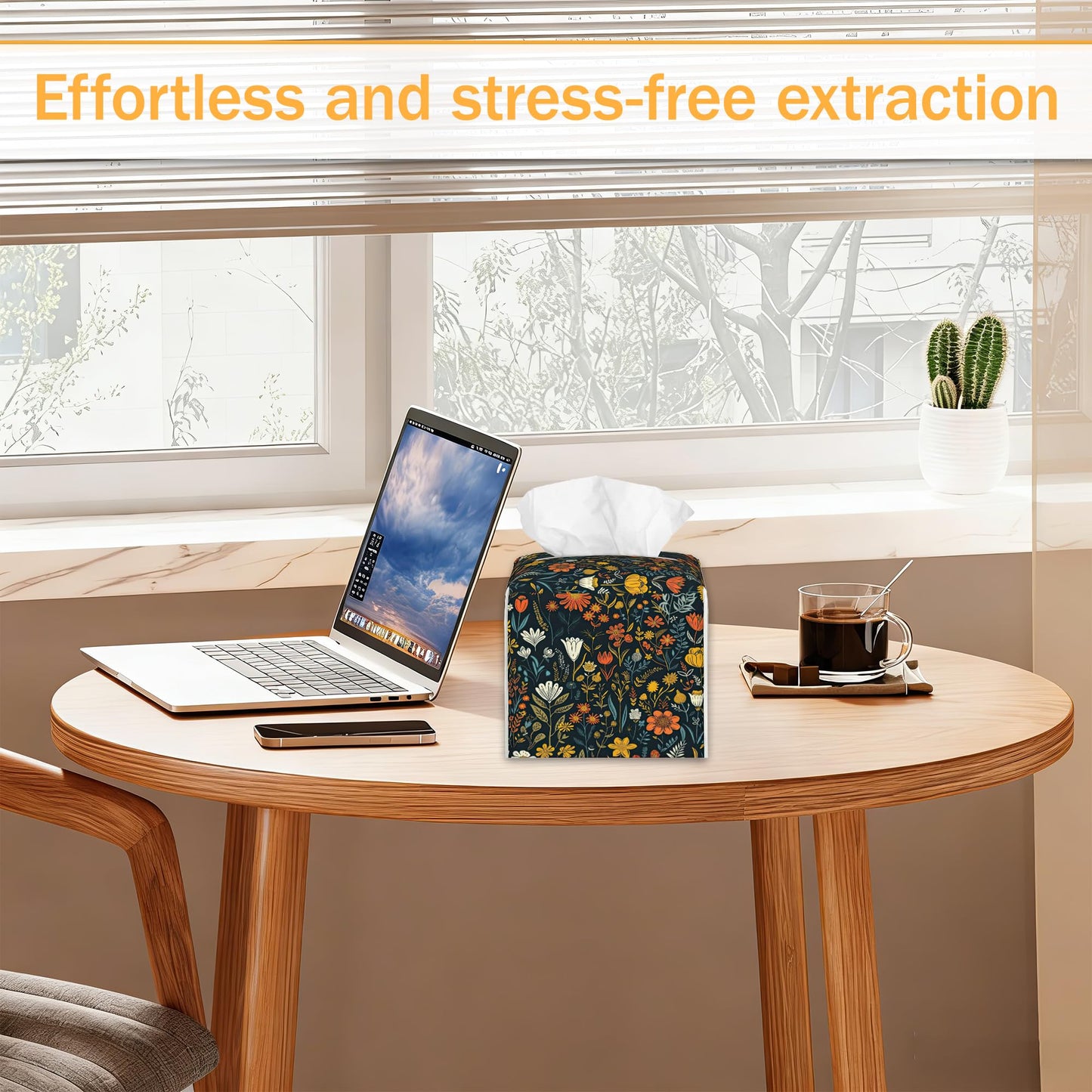 Wild Floral 2 Pcs Tissue Box Cover Square, Leather Tissue Box Holder for Bathroom Livingroom Bedroom, Spring Decorations Cube Tissue Holder