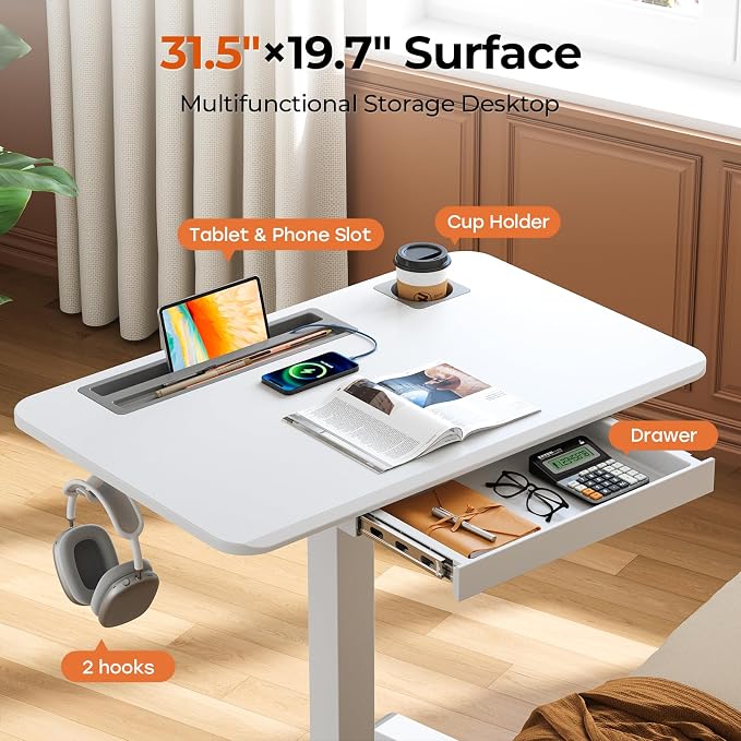 Mobile Standing Desk with Drawer, 32" Rolling Desk with Cup Holder and Hooks, Portable Laptop Cart on Wheels, Height Adjustable Workstation with Storage for Home Office, White