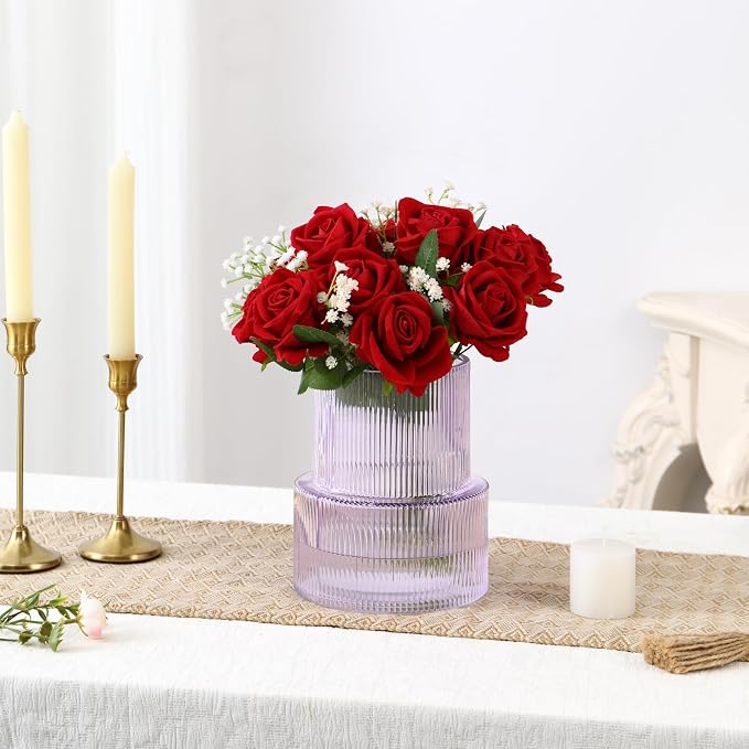 Ribbed Glass Vase, Flower Vase, Fluted Purple Vases for Flowers, Modern Vases for Living Room, Dining Table, Entryway, Shelf, Wedding, Office, Coffee Table, Birthday, 7.5 Inches