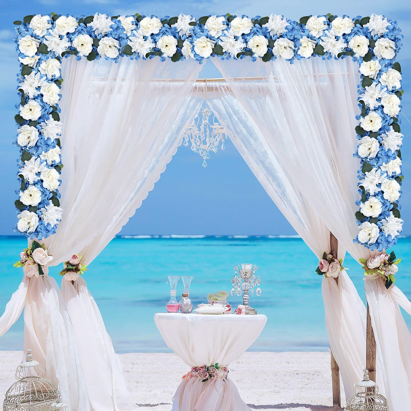 DIYDOFUN Wedding Arch Decorations, 18 inch Pack of 6 Artificial Flower Table Centerpieces Floral Arrangement for Wall Backdrop Party Bridal Shower Event Decor - White & Blue