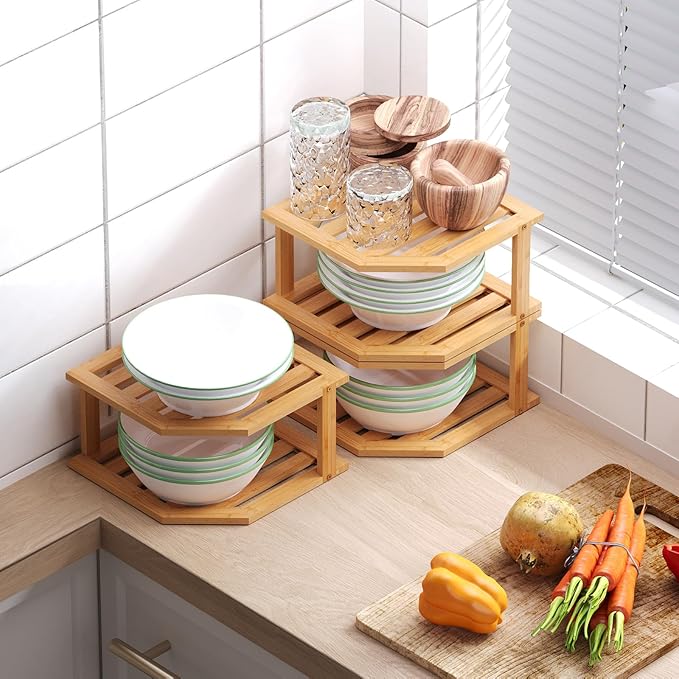 VERTORGAN Bamboo Corner Shelf(3 Pack),2 Tier Plate Organizer for Cabinet and Countertop,Pantry Dish and Spice Rack for Kitchen