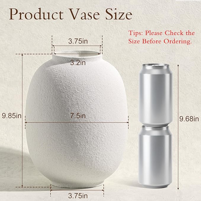 Large White Ceramic Vase, 9.85in Rustic Round Tall Vase for Table Centerpieces, Modern Homes Farmhouse Living Decor (Sandstone White)