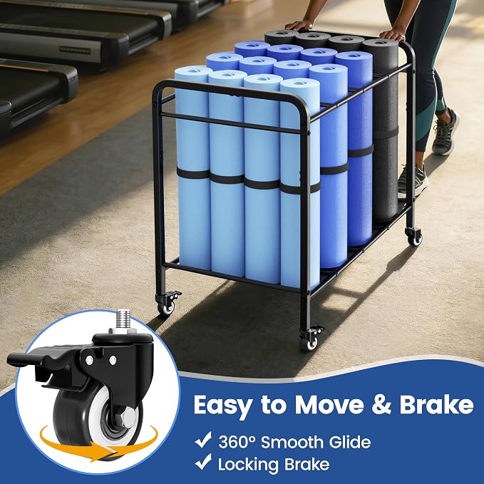 Black Yoga Mat Storage Rack Basket with Wheels, Floor-Standing Metal Yoga Mat Cart Workout Equipment for Foam Roller Dumbbells Kettlebells,in Gym,Fitness Classes, Yoga Studio & Home Gym