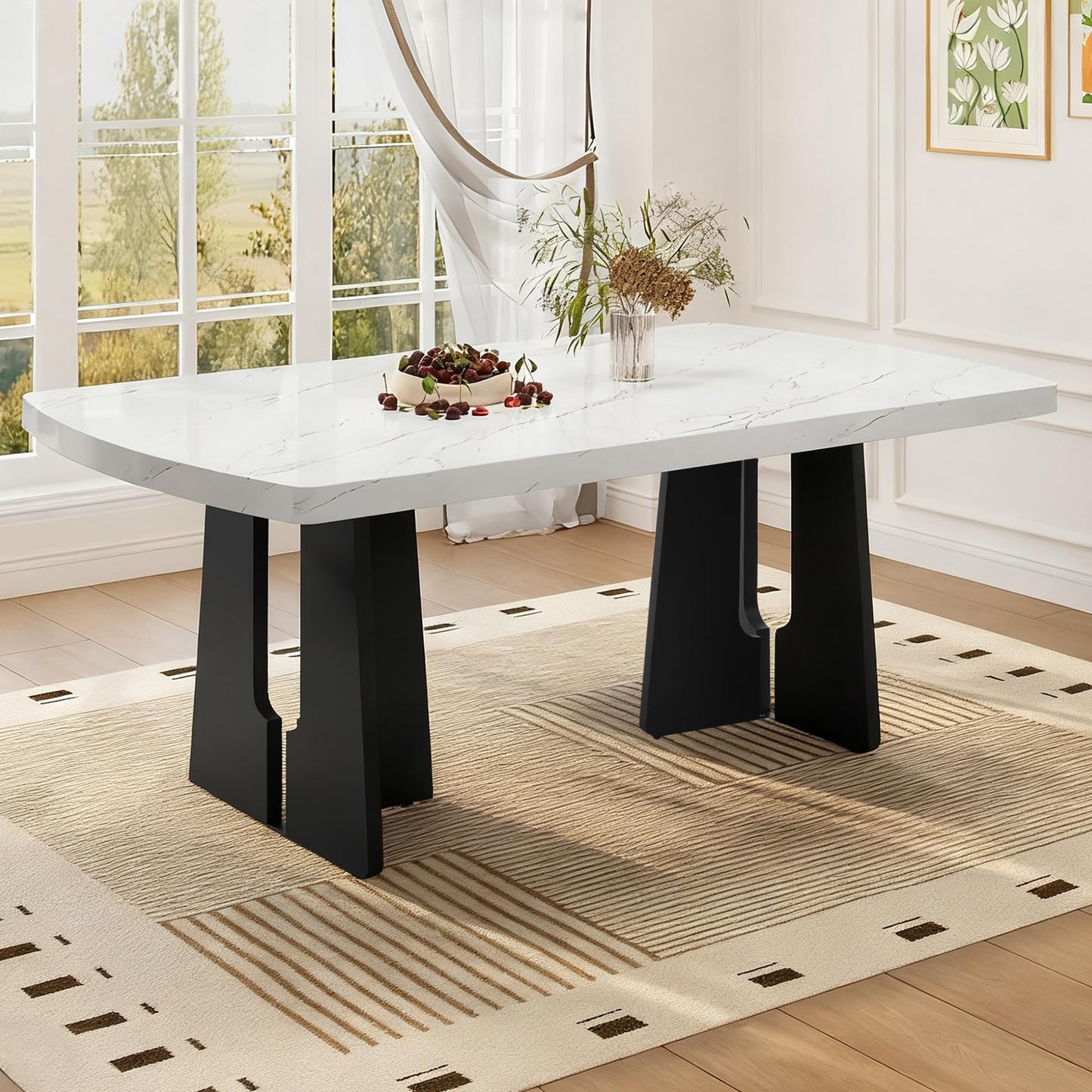 63" Faux Marble Dining Table for 6-8, Rectangular Kitchen Table with Unique Base, MDF Marble Look Top with Rubber Wood Legs, Sturdy Modern Dining Room Table for Home Kitchen, Black & White