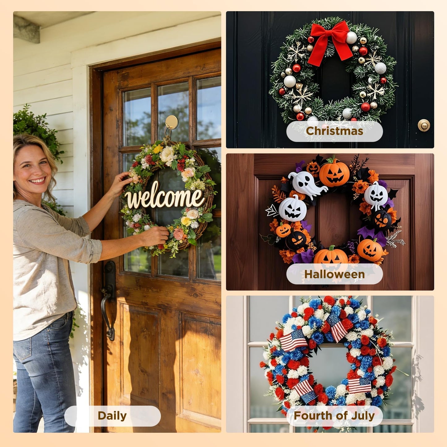 OUTXE Adhesive Wreath Hanger, Heavy Duty Reef Hook | for Front Door Glass Window | for Christmas/Thanksgiving/Halloween/July 4th/Easter/Valentine/Fall/Summer/Spring (Gold, 2-Pack)