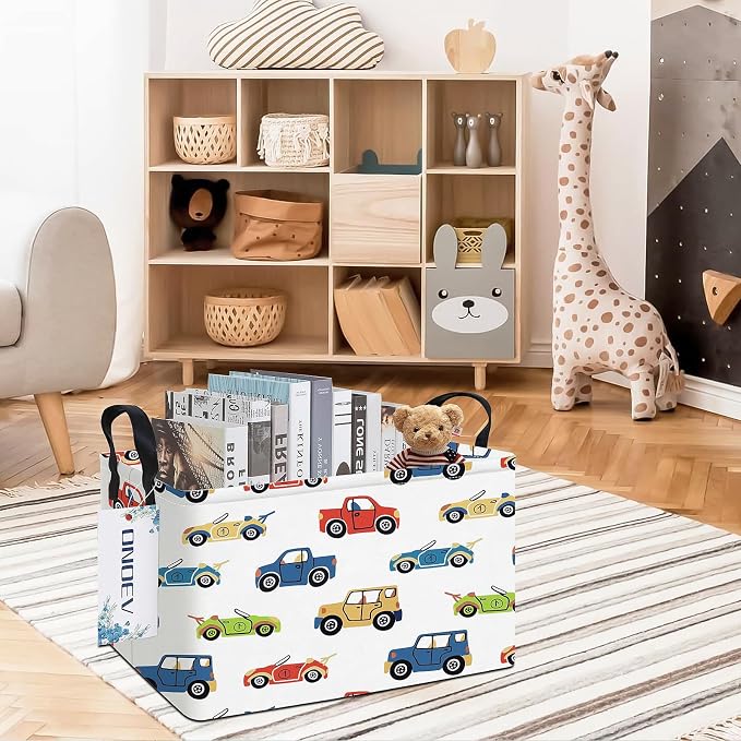 Rectangular Cartoon Car Pattern Storage Bin, Decorative Canvas Laundry Basket with Dual Handles, Foldable Household Toy Organizer, Multipurpose Party Gift Basket for Bedroom Dorm (Car)