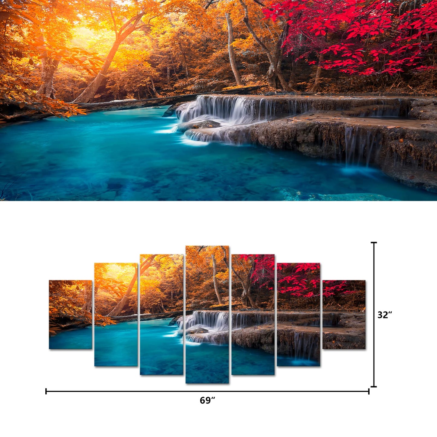 Visual Art Decor Xlarge 7 Pieces Blue Lake Waterfall in Red Fall Forest Canvas Wall Art Nature Landscape Wall Decor, Framed Ready to Hang for Modern Living Room Bedroom Office Decoration