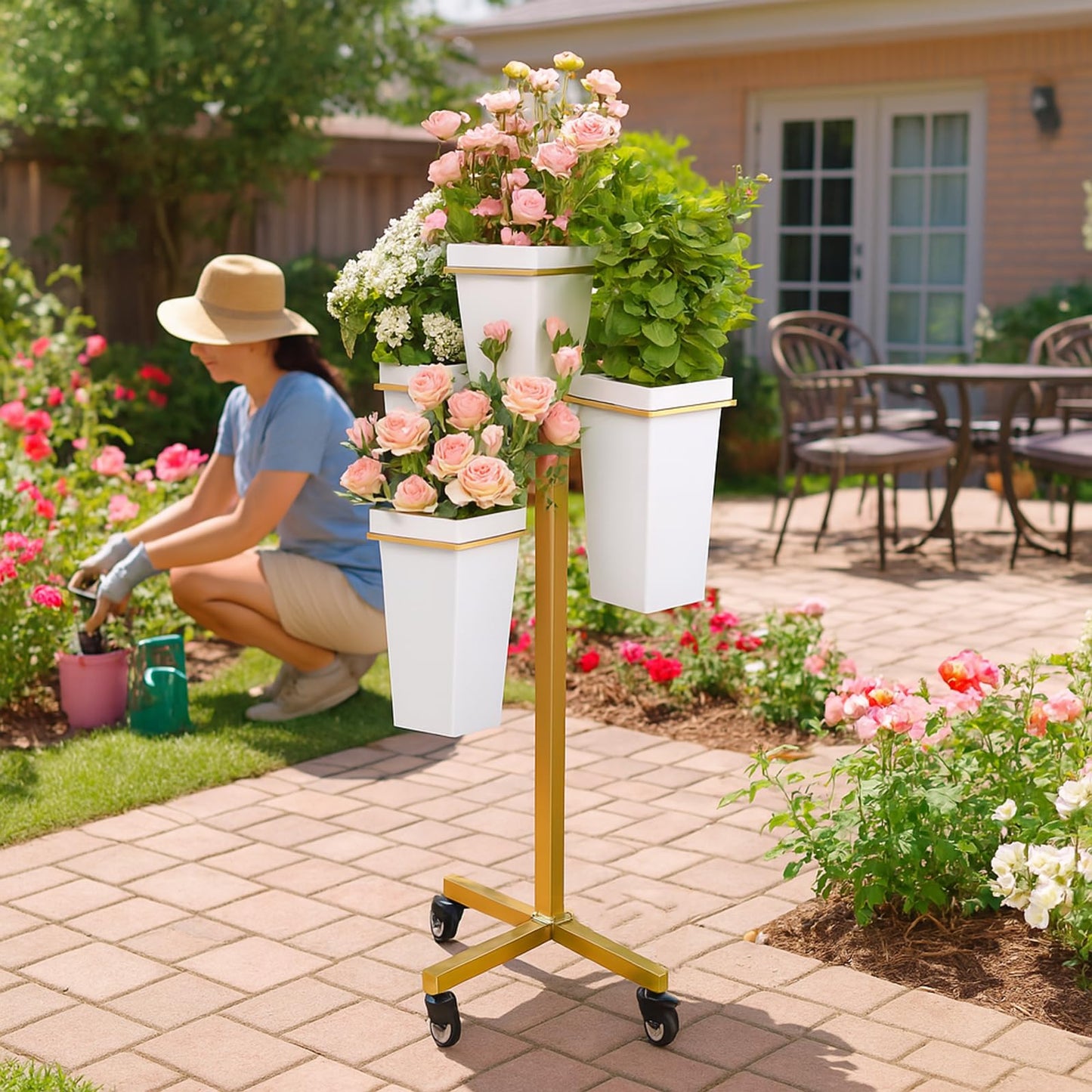 FEFZSFER Flower Display Stand with Buckets - Flower Cart with Wheels for Bouquet Shop, Metal Flower Rack Display Stand for Wedding Garden, Party, Events (Gold, Square buckets)