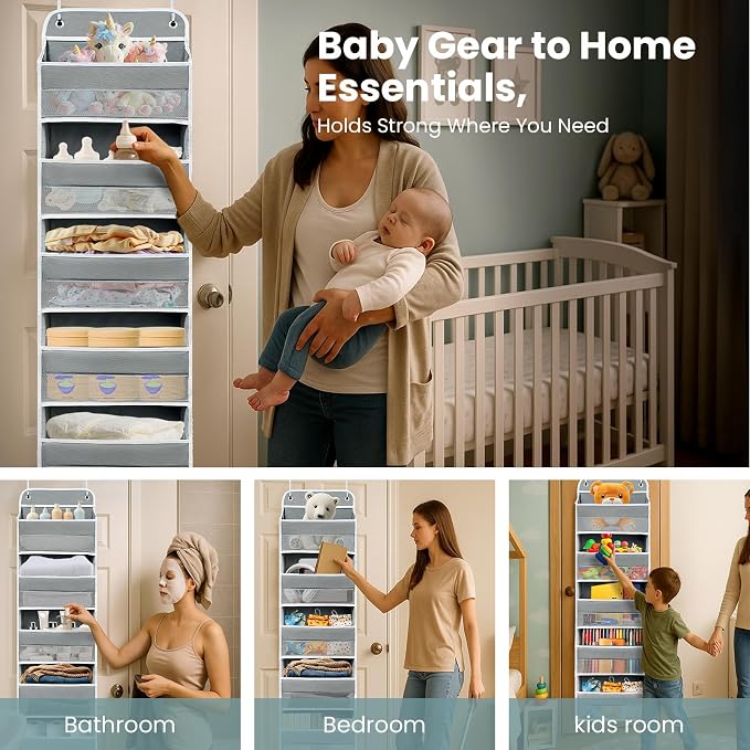 Easy Assembly Over The Door Organizer, 5 Shelves& 8 Side Pockets, Heavy-Duty Reinforced Mesh Rack Holds 44lb, Hanging Behind Door Storage for Bathroom Pantry, Nursery, Closet, Shoes, Towels-Grey