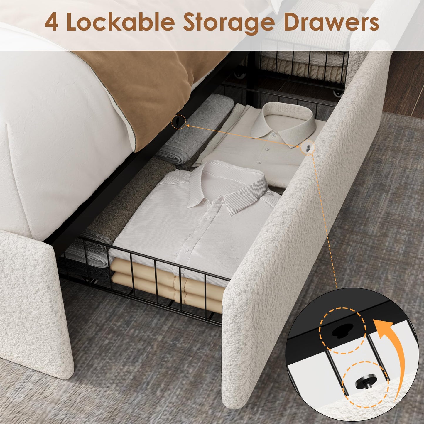 GarveeHome Boucle Queen Size Bed Frame, Cloud Cream Platform Bed Frame with 4 Storage Drawer and Upholstered Headboard, Soft Boucle Fabric, No Box Spring Required, Easy Assembly, White