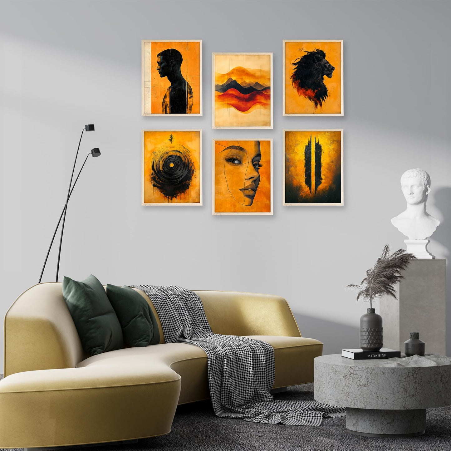 Eastern Print Set of 6 Abstract Masculine Wall Art Prints – Bold Orange & Black Lion, Silhouette, Face Line Posters – Modern Unframed 8x10 Decor for Men’s Room, Office, Man Cave or Creative Studio