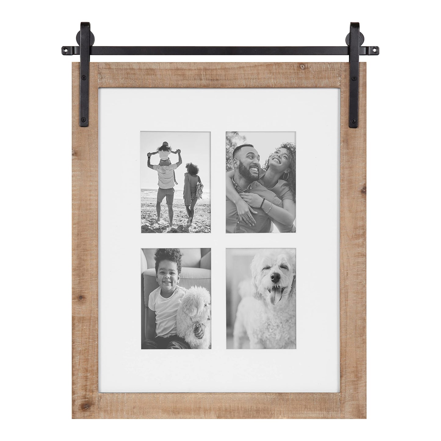 Kate and Laurel Cates Farmhouse Wooden Collage Picture Frame; 21x26 Matted to (4) 5x7; Rustic Natural Brown; Photograph Frame Fitting Four 5x7 Images with Barn Door-Inspired Design