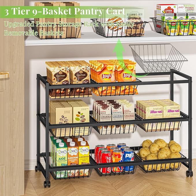 3-Tier Rolling Pantry Cart on Wheels with 9 Removable Baskets, Sturdy Pantry Floor Organizer and Storage, Kitchen Storage Cart for Fruit Vegetables, Snack Organizer for Pantry Kitchen Living Room