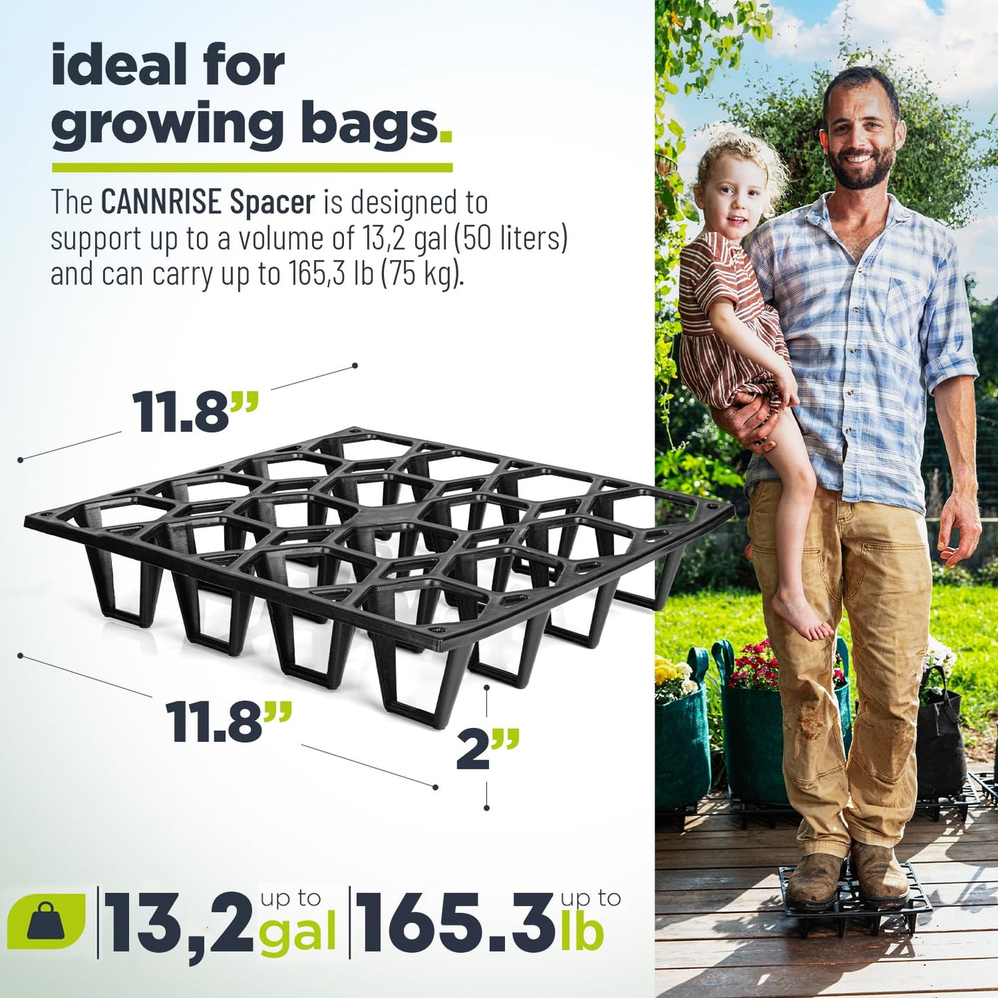 Cannrise Plant Riser – Modular Pot Spacer for Grow Bags, Planters & Containers – UV-Resistant Drainage Tray for Airflow, Root Health & Cleaner Surfaces (Standard Black, 5 Pack)