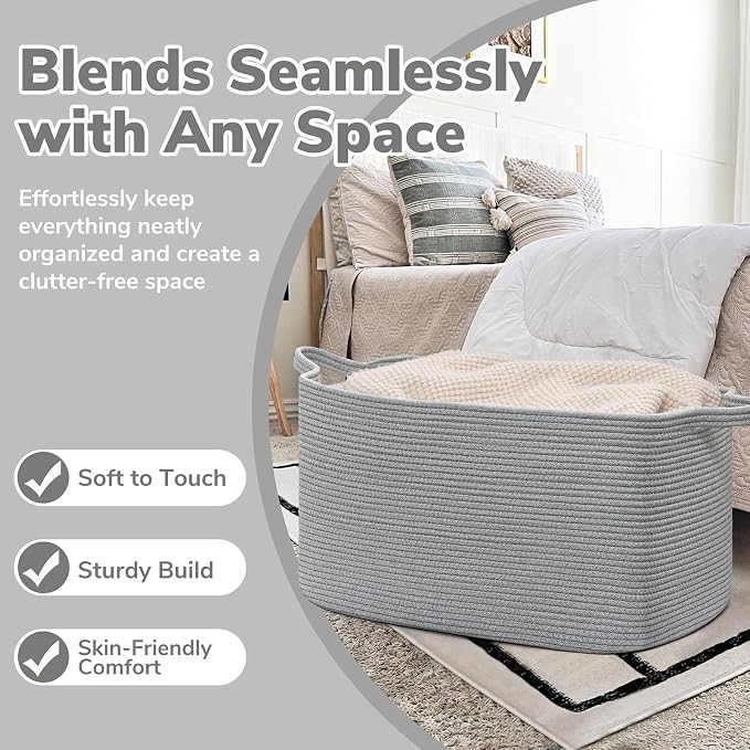 Goodpick Large Toy Basket for Blankets, Baby Laundry Basket, Storage Baskets for Organizing, Laundry Hamper for Dirty Clothes, Towel, Woven Rope Storage Baskets, 21.6" x 14.9" x 11.8", Gray