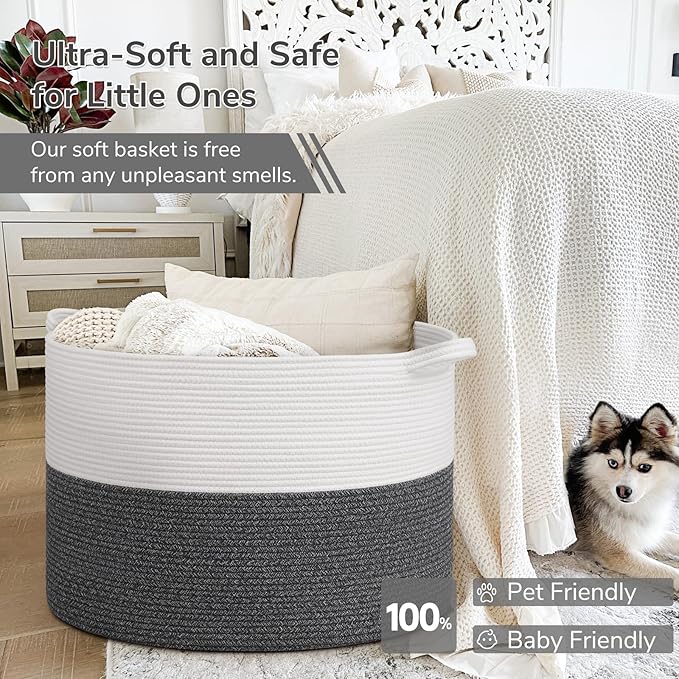 INDRESSME 115L Extra Large Cotton Rope Blanket Basket, Woven Baby Laundry Baskets for Clothes Pillows Towel, Toy Baksets for Kids, White & Gray