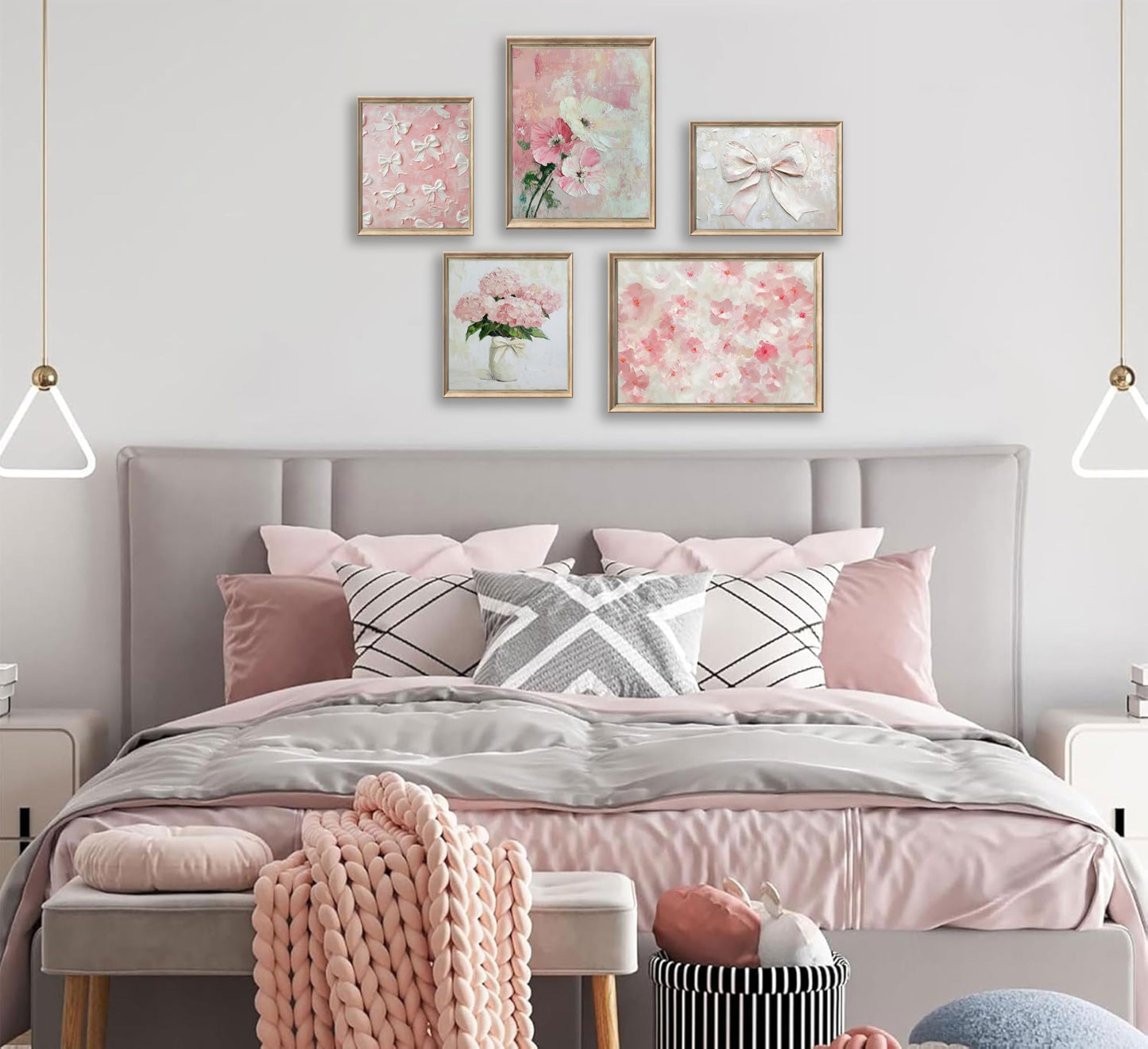 YFTTRYZ 5Pcs Pink Nursery Flower Wall Art Floral Bow Wall Decor Pink Hydrangea Posters Coquette Aesthetic Pictures Girl Room Prints for Girls Bedroom Dorm Apartment Home Unframed