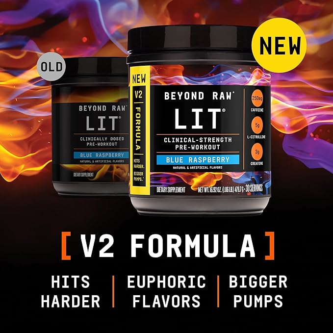 BEYOND RAW LIT V2 Clinical Strength Pre Workout Powder, Hits Harder, Bigger Pumps, Caffeine, L-Citrulline, Creatine, Blue Raspberry, 30 Servings
