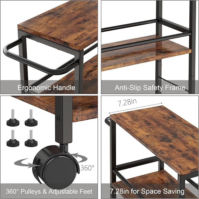 Slim Rolling Cart, 4-Tier Kitchen Storage Rolling Cart, Narrow Cart with Handle, Mobile Utility Cart for Small Space, Shelving Unit for Kitchen, Dining Room, Living Room, Home Office, Laundry Room