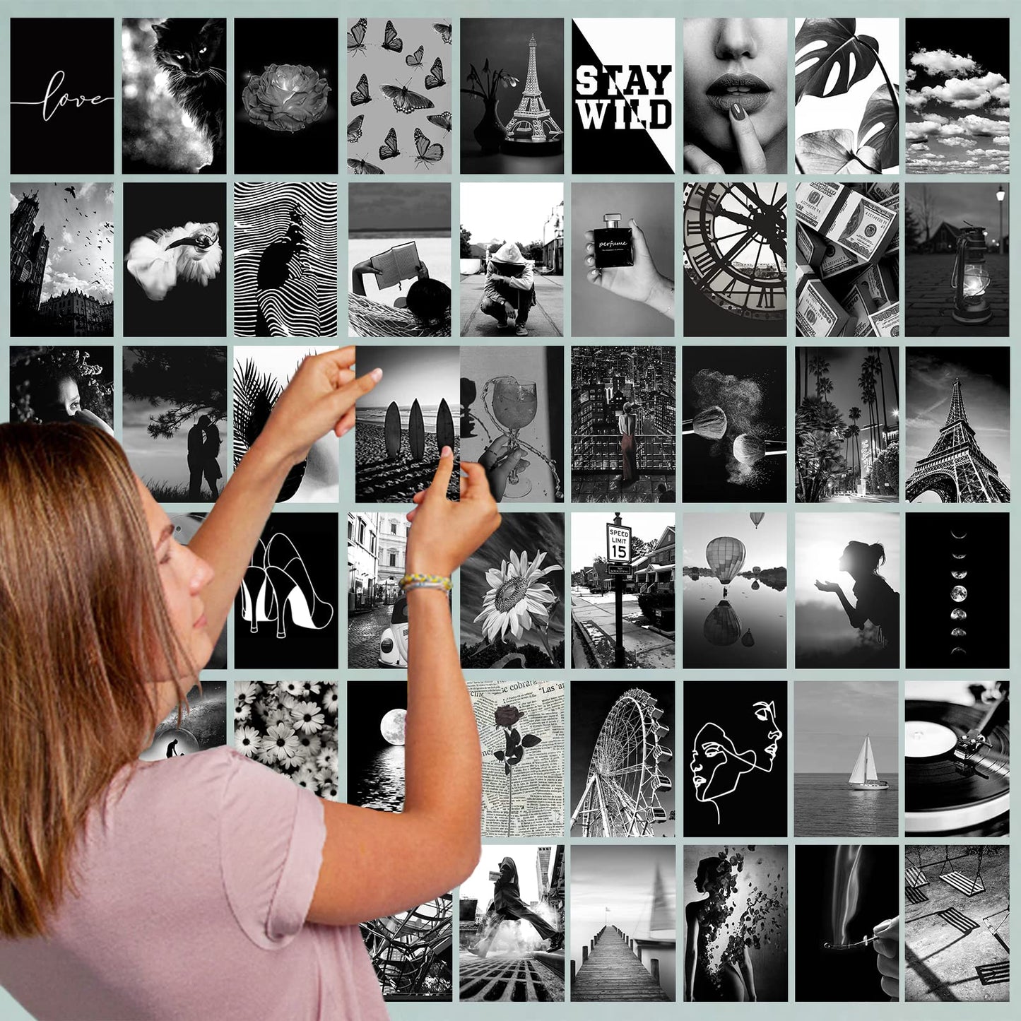 Yasowdkel Black White Aesthetic Wall Collage Kit, Aesthetic collage kit, 50PCS 4x6 Inch Picture Collage Kit for Wall Aesthetic,Black picture wall collage,Dorm Wall Decor, Cute Wall Decor for Teen