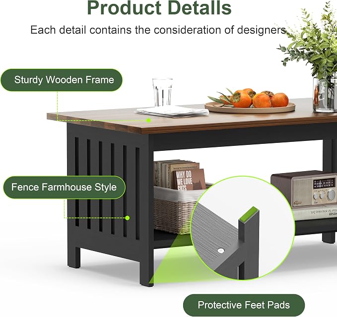 YOSHOOT 39.4" Farmhouse Coffee Table, Small Coffee Tables for Living Room | Black, 2 Tier Coffee Table with Storage, Tea Table for Living Room Bedroom Small Space