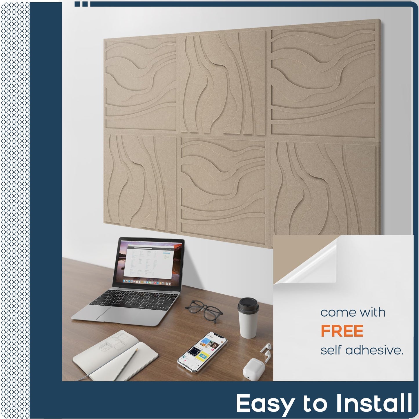 BUBOS Art Acoustic Wall Panels 6 Pack - 23.6"x23.6" Self-adhesive Sound Proof Panels, Decorative Sound Absorbing Panels for OFffice, Home Theater & Studio Recording Equipment, Camel
