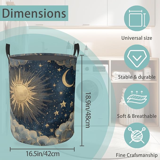 Boho Sun Moon Round Laundry Basket Collapsible Laundry Hamper with Handles Toys Clothes Organizer Bin For Home Bathroom Bedroom Dorm Nursery