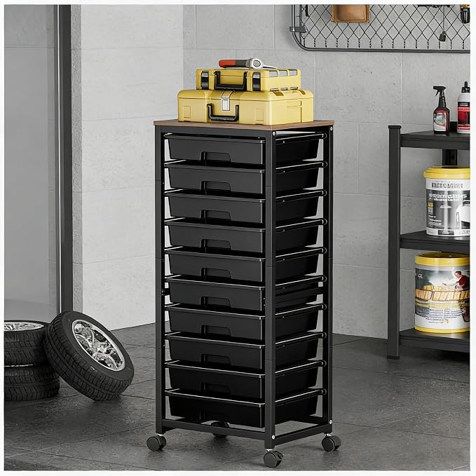 SYKIARIOL Rolling Cart with Drawers,10 Drawer Rolling Cart,Storage Cart,Utility Cart,Teacher Cart for Classroom Storage,Craft Cart with Wheels and Wooden Tabletop,Black