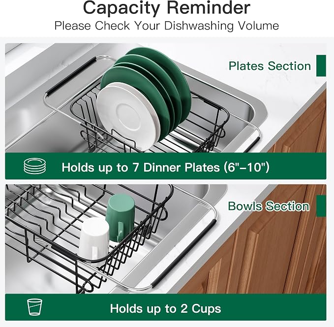Apartment RV Small Dish Drainer Drying Rack Over The Sink In Stainless Steel for Narrow Kitchen, Counter Space Saving Compact Expandable Metal Plate Dryer Strainer, Black Adjustable Wire Drain Holder