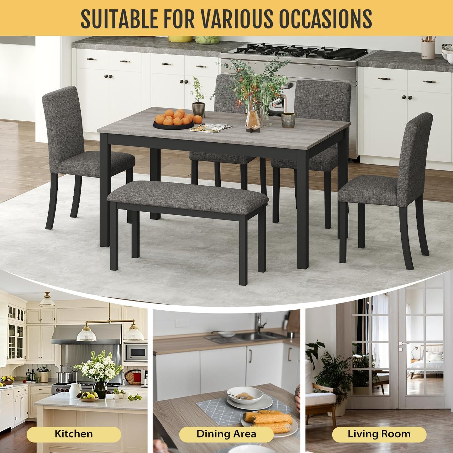 Zevemomo 6-Piece Solid Wood Dining Table Set, Including 1 Dining Table, 4 Upholstered Chairs and 1 Bench, Wooden Legs Dining Table Set for Dining Room, Kitchen, Restaurant, Dark Grey