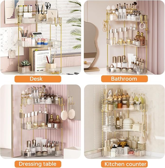 3-Tier Corner Bathroom Counter Organizer，Makeup & Skincare Shelf with Built-in Brush Holder，Space-Saving Bathroom Countertop Organizer for Skincare, Perfume, Cosmetics(Clear)