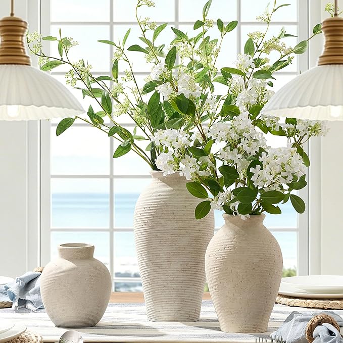 Vanselia Ceramic Flower Vase Home Decor - Large Farmhouse Table Vases Rustic Vintage Living Room Kitchen Bedroom Decorations for House Book Shelf Office Coffee Desk Dining Fireplace (9" Rustic)