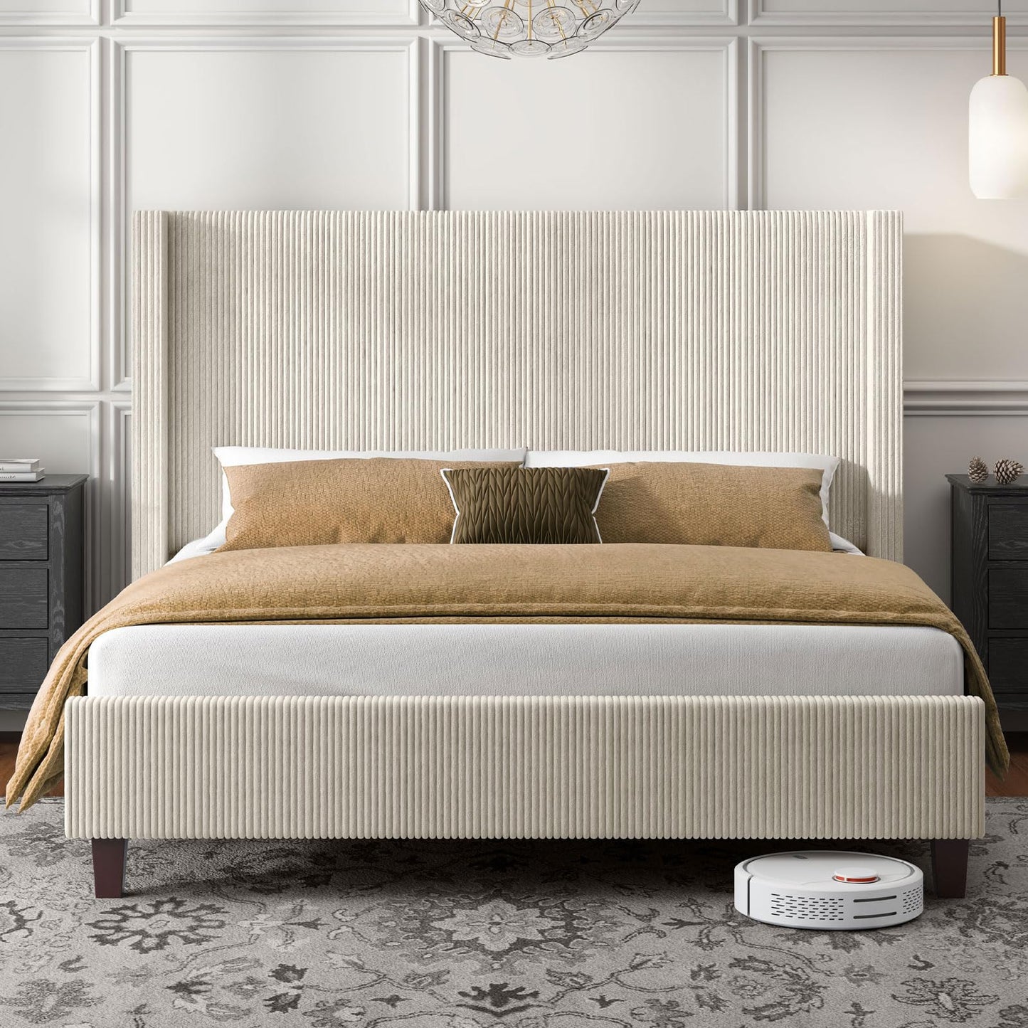 HOWE California King Bed Frame with 50.8" Tall Wingback Headboard, Modern Corduroy Upholstered Platform Bed Frame with Solid Wood Slats & Legs, No Box Spring Needed, Noise-Reducing Design, Cream