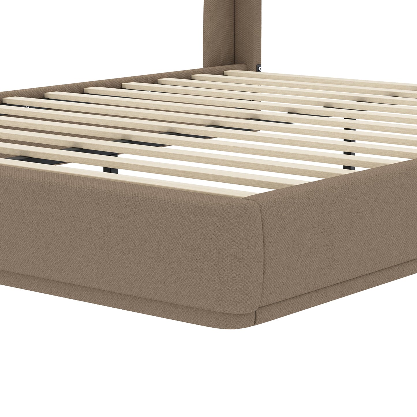 Merax Upholstered Queen Bed Frame with Wingback Headboard, Linen Fabric Platform Bed, Low Profile, Wood Slat Support, No Box Spring Needed, Easy Assembly, Brown