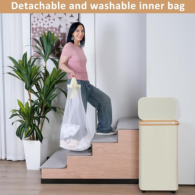 Laundry Basket with Wheels, 75L Beige Clothes Hamper for Laundry, Laundry Hamper with Lid and Inner Bag, for Laundry Room, Bedroom, Dormitory Storage,Beige