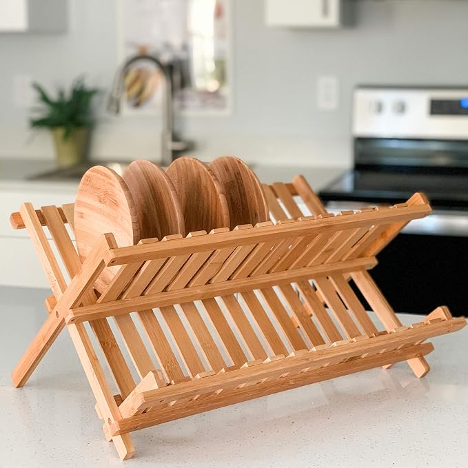 Dish Drying Rack Bamboo Dish Rack Plate Rack Collapsible Dish Drainer, Foldable Dish Drying Rack Wooden Plate Rack Made of 100% Natural Bamboo (Natural Bamboo- Natural Bamboo- Foldable)