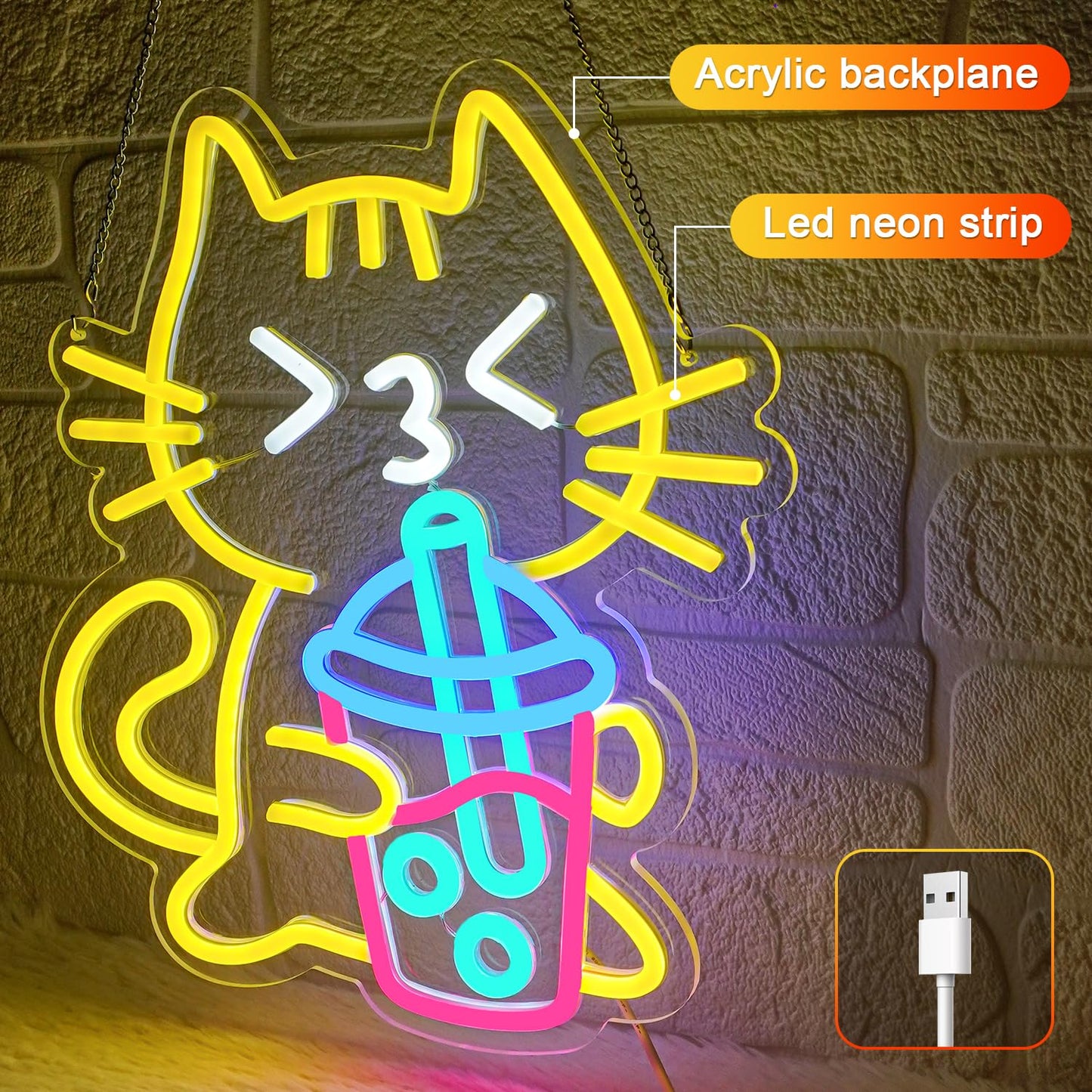 Sneignon Cat Boba Tea Neon Sign Yellow Cat Led Neon Signs for Wall Decor USB Bubble Tea Neon Light Cute Animal Neon Light Sign for Bedroom Dessert Bar Coffee Shop Kitchen Restaurant Party
