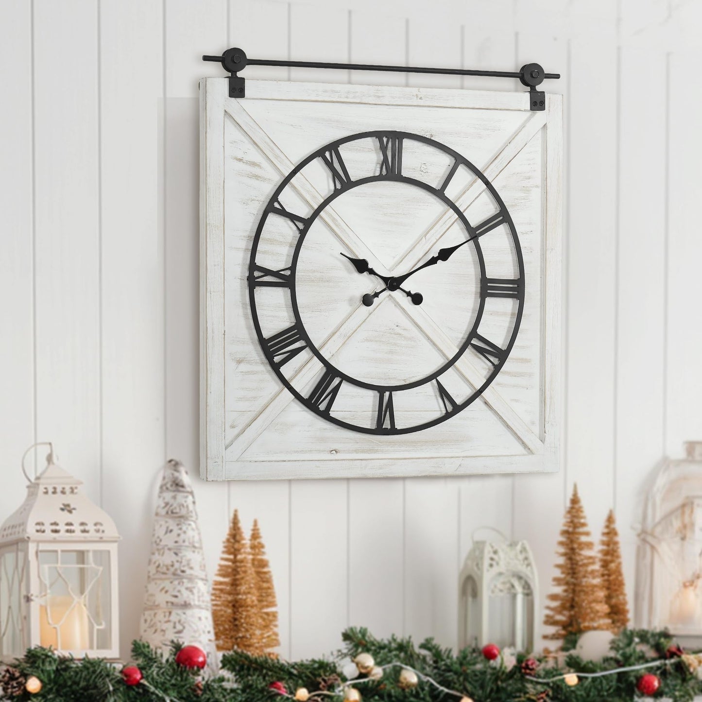 FLORA Large Farmhouse Wall Clock,Rustic Barn Door Wall Clocks for Living Room Decor, Battery Operated 29.5" H x 27" W, Whitewash