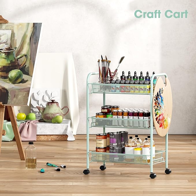 TOOLF 3-Tier Metal Rolling Cart, Mesh Wire Easy Assemble Utility Cart, Storage Trolley on Wheels with 3 Hooks, MetalStorage Shelving Units for Kitchen Bathroom Laundry Room