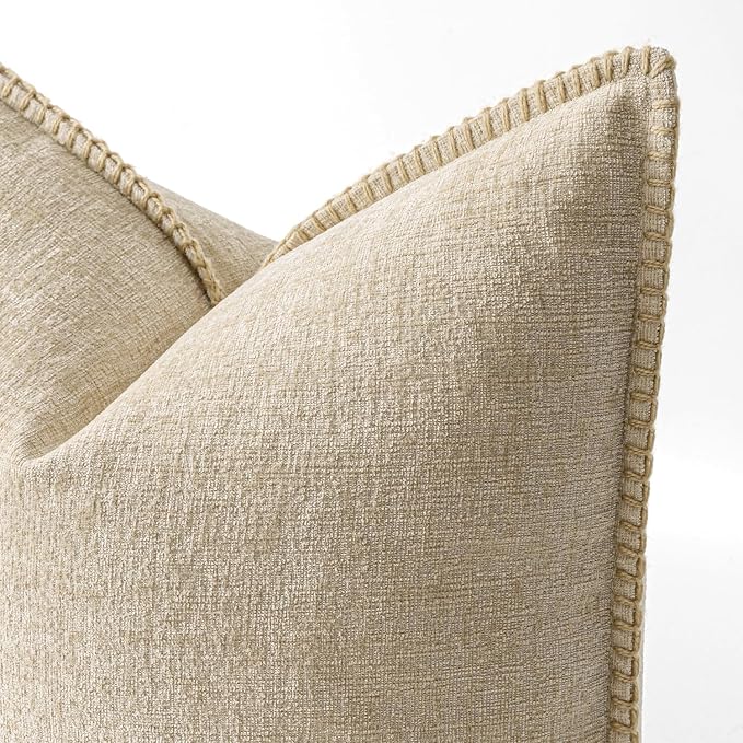 MIULEE Pack of 2 Lumbar Throw Pillow Covers 12x20 Inch Beige Farmhouse Decorative Pillow Covers with Stitched Edge Soft Chenille Solid Dyed Pillow Covers for Couch Sofa Bed Living Room