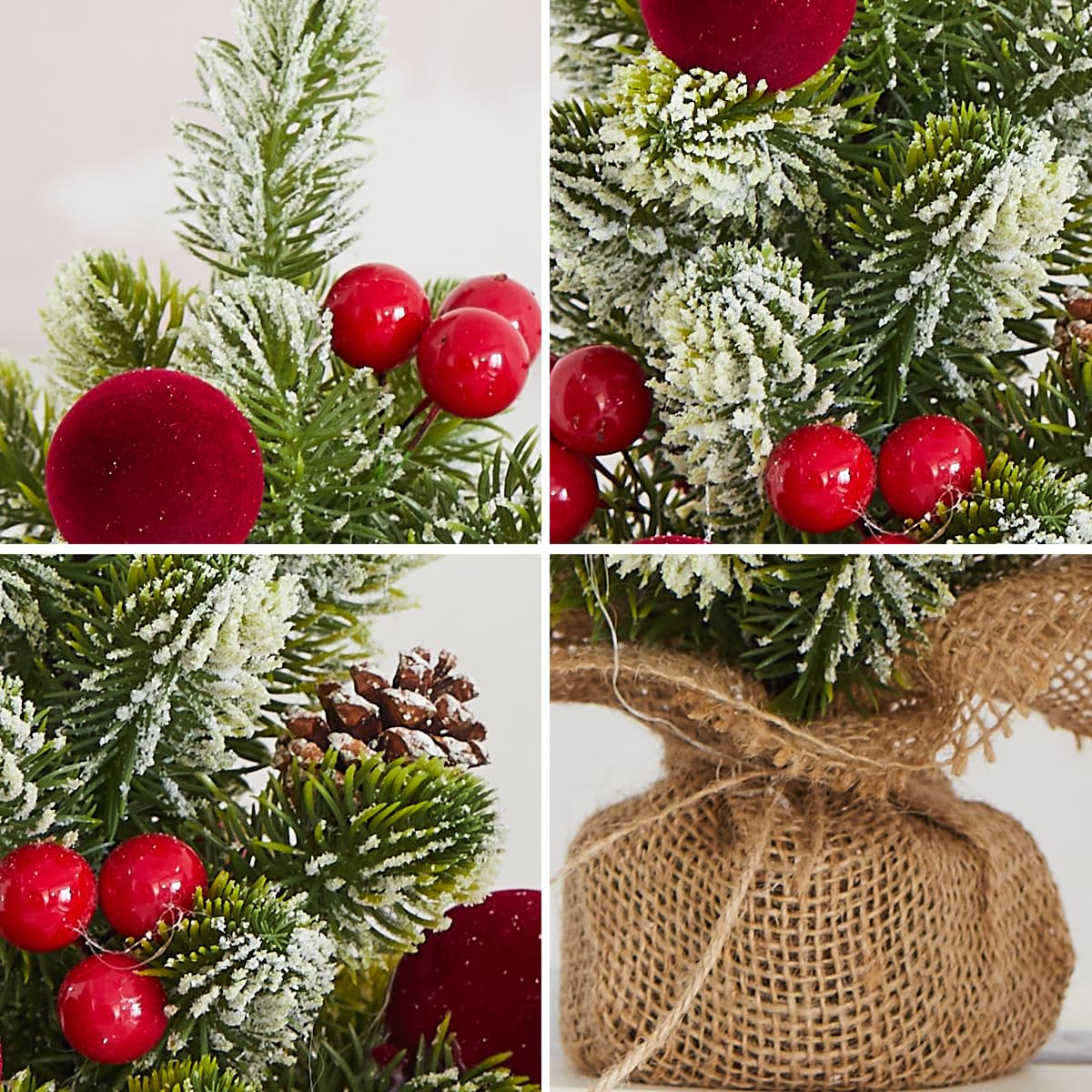MYELLU Burlap Small Christmas Tree Decor with Lights - Mini Tabletop Artificial Tree Centerpiece for Indoor Home Office Desk Holiday Decorations(Red Ornament)