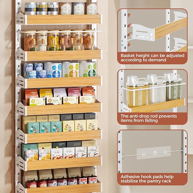 8-Tier Pantry Door Organizer, Over the Door Pantry Organizer with Wooden Adjustable Baskets, 2 IN 1 Spice Rack Wall Mount or Door Organizer, Door Spice Rack for Pantry（72.6×17.1×5.1in,White)
