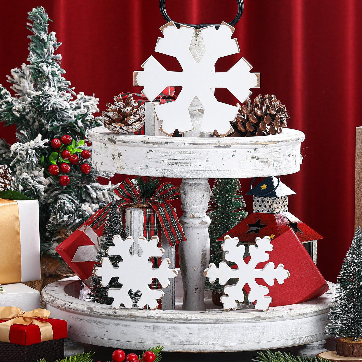 Bucherry 3 Pcs Winter Wooden Snowflake Decor Rustic Winter Snowflake Table Signs Wonderland Wood Blocks Farmhouse Christmas Tiered Tray Decorations for Xmas Table Shelf(Retro White)