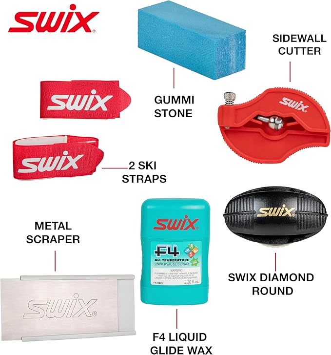 Swix Ski and Snowboard Touchup and Wax Kit - Comprehensive Winter Sports Maintenance Set with F4 Wax, Diamond Disc, Sidewall Cutter, Ceramic and Gummi Stones, Metal Scraper, Vise Set